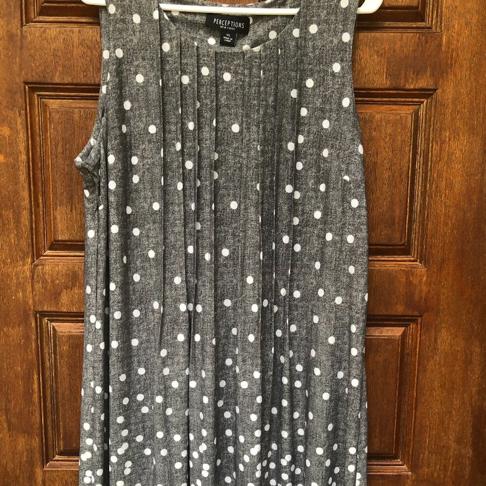 Womens PERCEPTIONS XL Sleeveless Gray & White Polka Dot Pleated Midi Dress